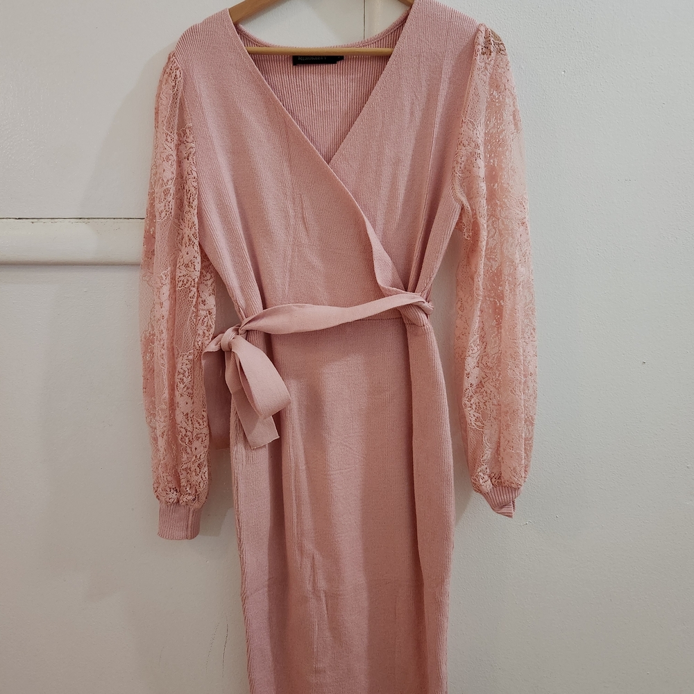 Pink Lace Sleeve Wrap Dress